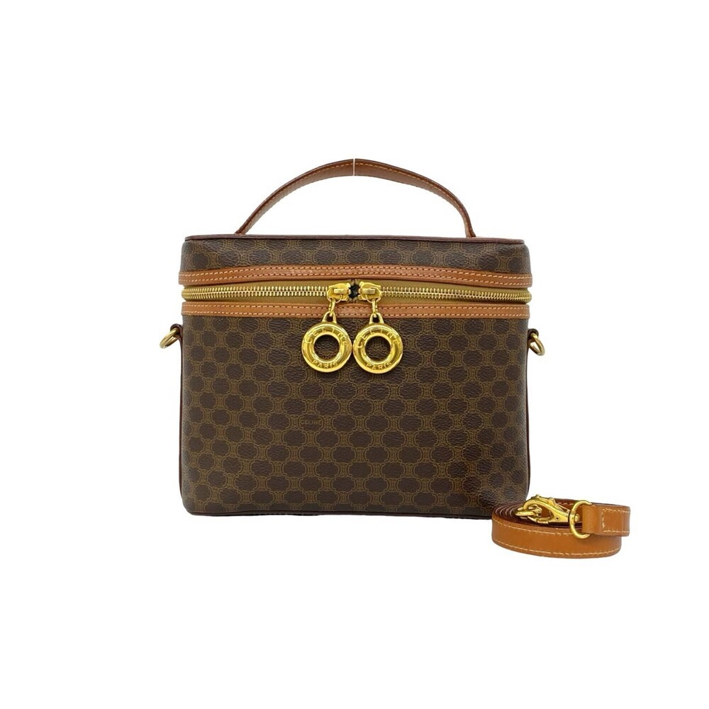 CELINE Vintage Macadam Pattern Logo Ring Hardware Leather 2-way Handbag Shoul...